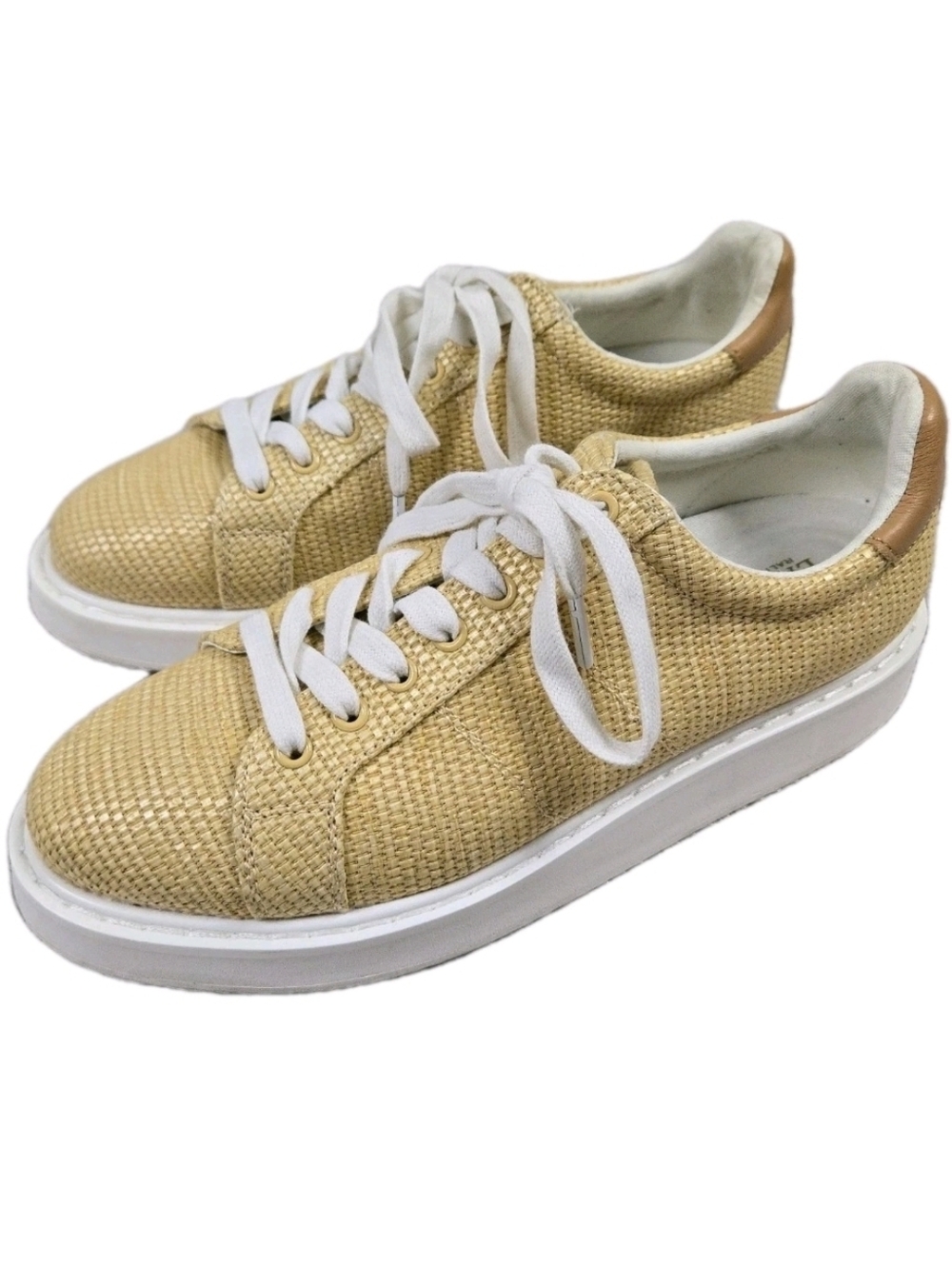Lauren Ralph Lauren Angeline 4 Straw Leather Tan Sneakers Sz 8 Clean Girl Preppy